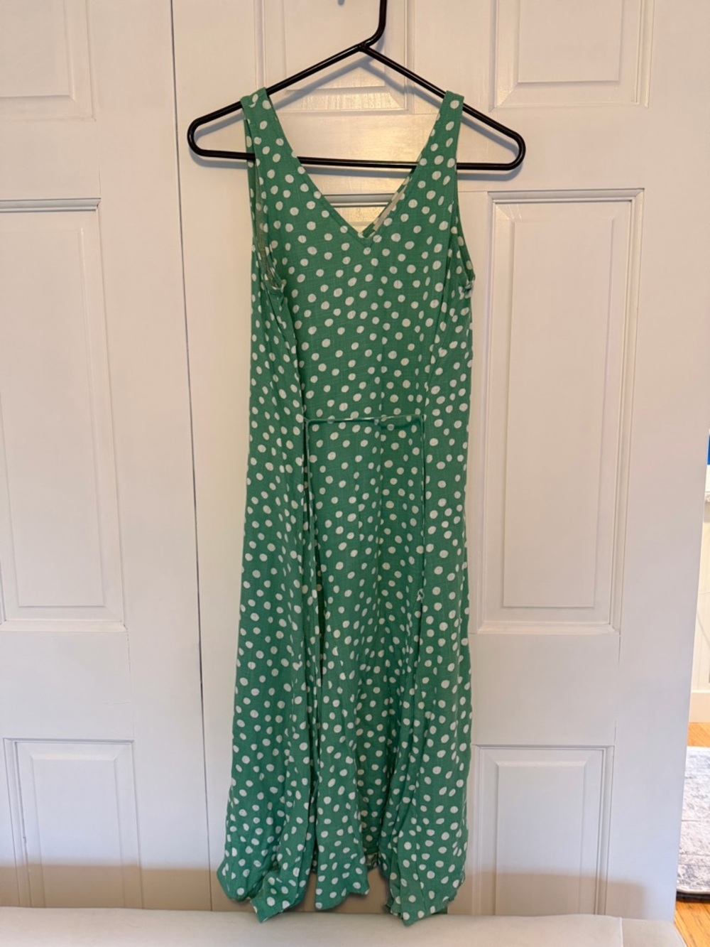 LOFT Linen Blend Midi Dress Petite Small Green Polka Dot Sleeveless Tie Waist - Picture 2 of 7